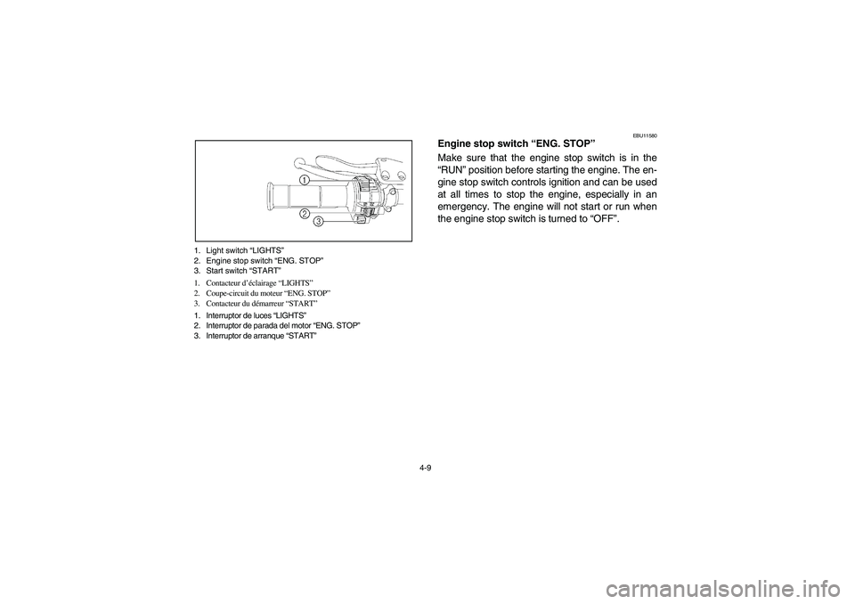 YAMAHA YFZ450 2005  Owners Manual 4-9 1. Light switch “LIGHTS”
2. Engine stop switch “ENG. STOP”
3. Start switch “START”
1. Contacteur d’éclairage “LIGHTS”
2. Coupe-circuit du moteur “ENG. STOP”
3. Contacteur du