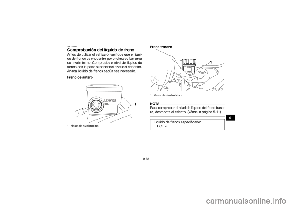 YAMAHA YFZ450R 2021 Manuale de Empleo (in Spanish) 9-32
9
SBU29502Comprobación del líquido de frenoAntes de utilizar el vehículo, verifique que el líqui-
do de frenos se encuentre por encima de la marca
de nivel mínimo. Compruebe el nivel del lí YAMAHA YFZ450R 2021 Manuale de Empleo (in Spanish) 9-32
9
SBU29502Comprobación del líquido de frenoAntes de utilizar el vehículo, verifique que el líqui-
do de frenos se encuentre por encima de la marca
de nivel mínimo. Compruebe el nivel del lí