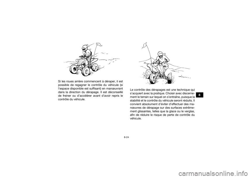 YAMAHA YFZ450R 2021 Notices Demploi (in French) 8-24
8
Si les roues arrière commencent à déraper, il est
possible de regagner le contrôle du véhicule (si
l’espace disponible est suffisant) en manœuvrant
dans la direction du dérapage. Il es YAMAHA YFZ450R 2021 Notices Demploi (in French) 8-24
8
Si les roues arrière commencent à déraper, il est
possible de regagner le contrôle du véhicule (si
l’espace disponible est suffisant) en manœuvrant
dans la direction du dérapage. Il es