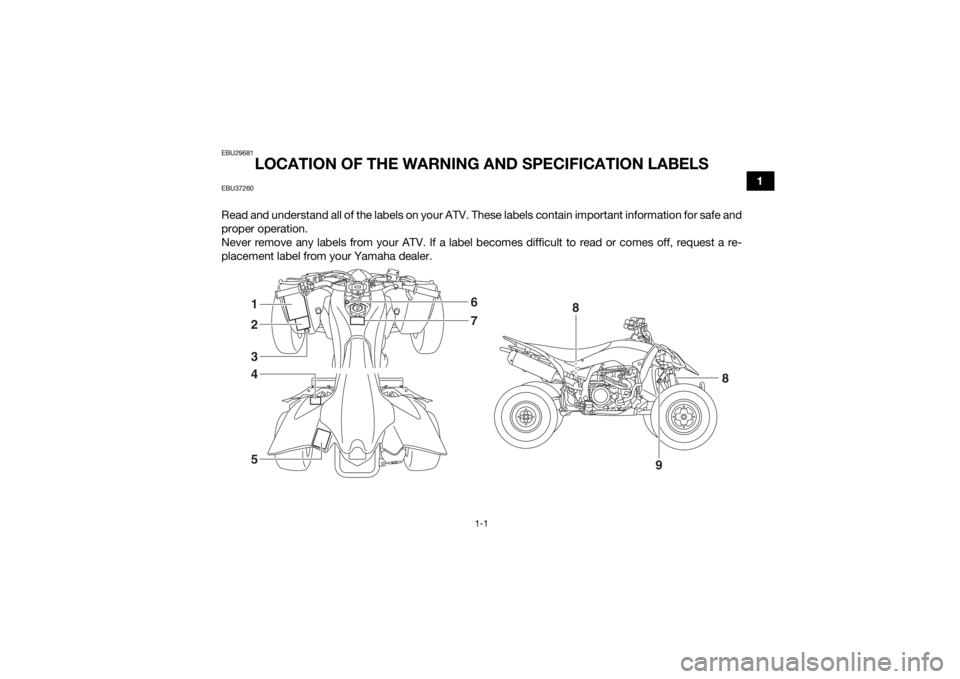 YAMAHA YFZ450R 2018 User Guide 1-1
1
EBU29681
LOCATION OF THE WARNING AND SPECIFICATION LABELS
EBU37260Read and understand all of the labels on your ATV. These labels contain important information for safe and
proper operation.
Nev YAMAHA YFZ450R 2018 User Guide 1-1
1
EBU29681
LOCATION OF THE WARNING AND SPECIFICATION LABELS
EBU37260Read and understand all of the labels on your ATV. These labels contain important information for safe and
proper operation.
Nev