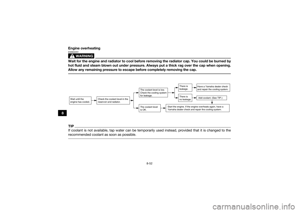 YAMAHA YFZ450R 2018 Owners Manual 8-52
8Engine overheating
WARNING
EWB02291Wait for the engine and radiator to cool before removing the radiator cap. You could be burned by
hot fluid and steam blown out under pressure. Always put a th YAMAHA YFZ450R 2018 Owners Manual 8-52
8Engine overheating
WARNING
EWB02291Wait for the engine and radiator to cool before removing the radiator cap. You could be burned by
hot fluid and steam blown out under pressure. Always put a th