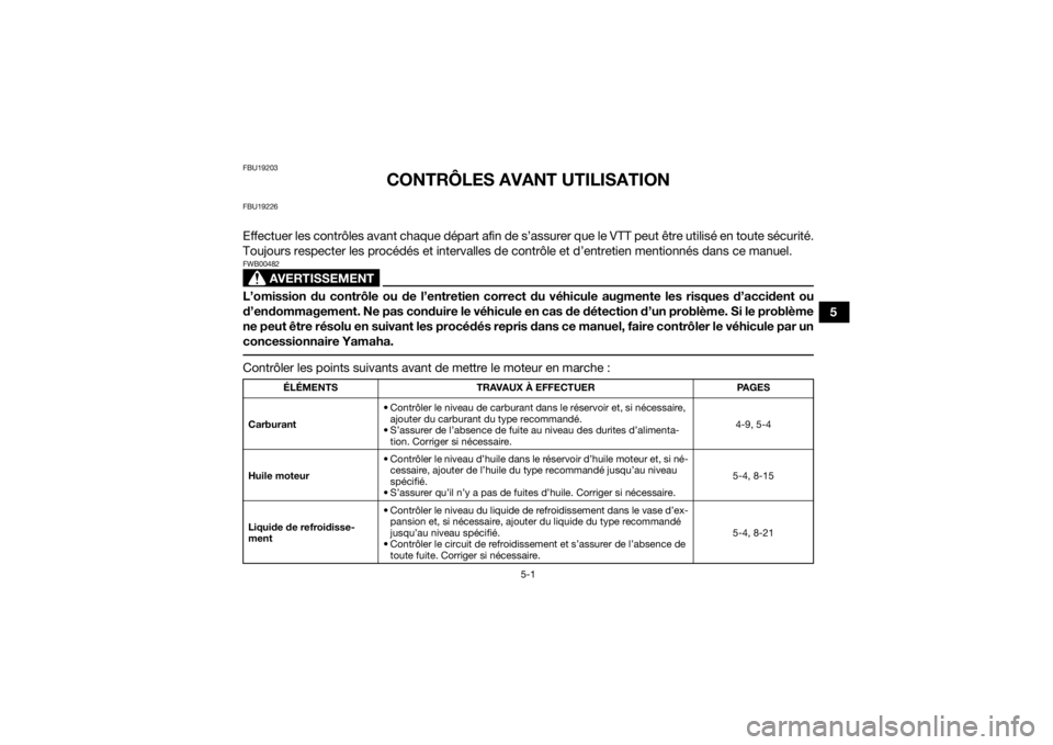 YAMAHA YFZ450R 2018 Notices Demploi (in French) 5-1
5
FBU19203
CONTRÔLES AVANT UTILISATION
FBU19226Effectuer les contrôles avant chaque départ afin de s’assurer que le VTT peut être utilisé en toute sécurité.
Toujours respecter les procéd YAMAHA YFZ450R 2018 Notices Demploi (in French) 5-1
5
FBU19203
CONTRÔLES AVANT UTILISATION
FBU19226Effectuer les contrôles avant chaque départ afin de s’assurer que le VTT peut être utilisé en toute sécurité.
Toujours respecter les procéd