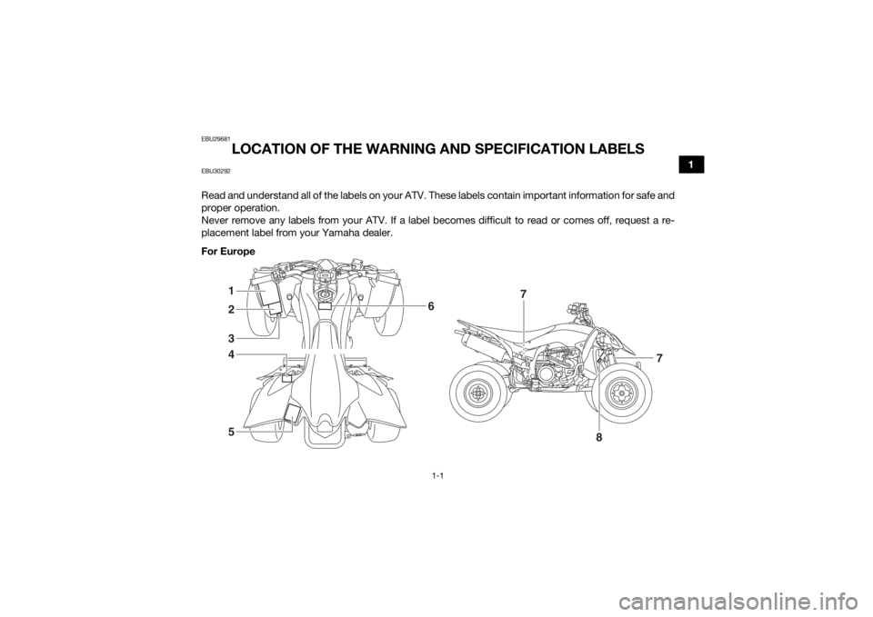 YAMAHA YFZ450R 2017 User Guide 1-1
1
EBU29681
LOCATION OF THE WARNING AND SPECIFICATION LABELS
EBU30292Read and understand all of the labels on your ATV. These labels contain important information for safe and
proper operation.
Nev