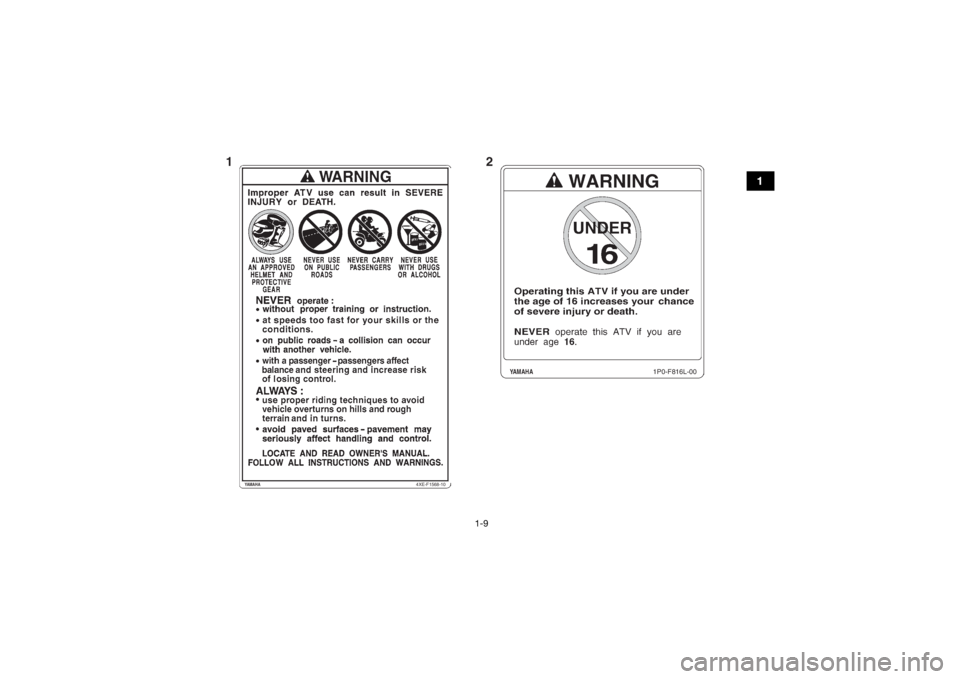 YAMAHA YFZ450R 2017 User Guide 1-9
1
4XE-F1568-10
YAMAHA
1P0-F816L-00
YAMAHA
12
UBW260E0.book  Page 9  Thursday, May 12, 2016  2:28 PM 