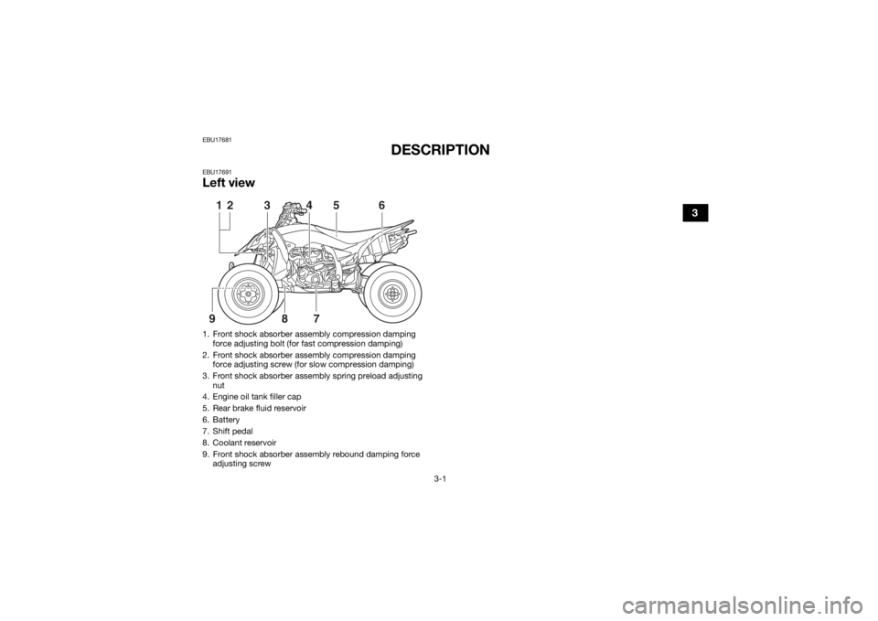 YAMAHA YFZ450R 2017 Owners Manual 3-1
3
EBU17681
DESCRIPTION
EBU17691Left view1. Front shock absorber assembly compression damping force adjusting bolt (for fast compression damping) 
2. Front shock absorber assembly compression dampi