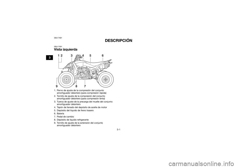 YAMAHA YFZ450R 2017  Manuale de Empleo (in Spanish) 3-1
3
SBU17681
DESCRIPCIÓN
SBU17691Vista izquierda1. Perno de ajuste de la compresión del conjunto amortiguador delantero (para compresión rápida) 
2. Tornillo de ajuste de la compresión del conj