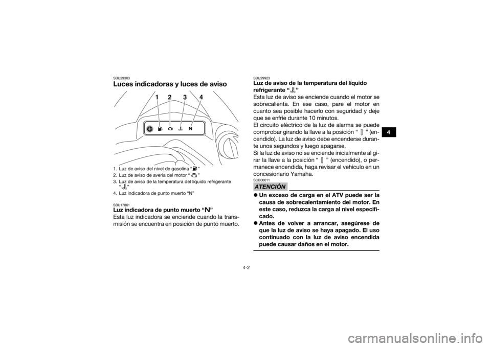 YAMAHA YFZ450R 2017  Manuale de Empleo (in Spanish) 4-2
4
SBU29383Luces indicadoras y luces de avisoSBU17861Luz indicadora de punto muerto “ ”
Esta luz indicadora se enciende cuando la trans-
misión se encuentra en posición de punto muerto.
SBU29
