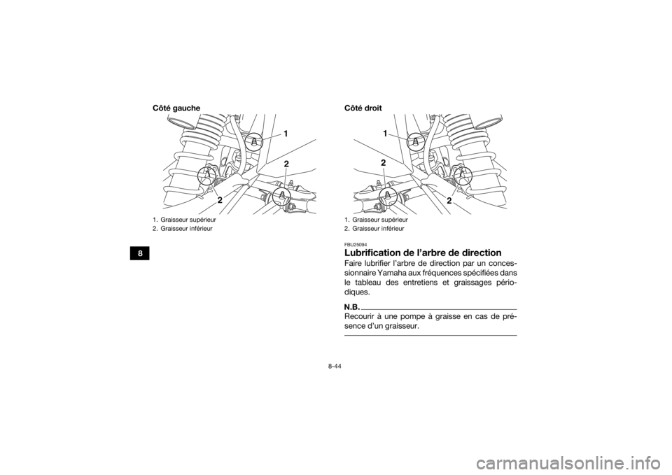 YAMAHA YFZ450R 2017 Notices Demploi (in French) 8-44
8Côté gauche Côté droit
FBU25094Lubrification de l’arbre de directionFaire lubrifier l’arbre de direction par un conces-
sionnaire Yamaha aux fréquences spécifiées dans
le tableau des YAMAHA YFZ450R 2017 Notices Demploi (in French) 8-44
8Côté gauche Côté droit
FBU25094Lubrification de l’arbre de directionFaire lubrifier l’arbre de direction par un conces-
sionnaire Yamaha aux fréquences spécifiées dans
le tableau des