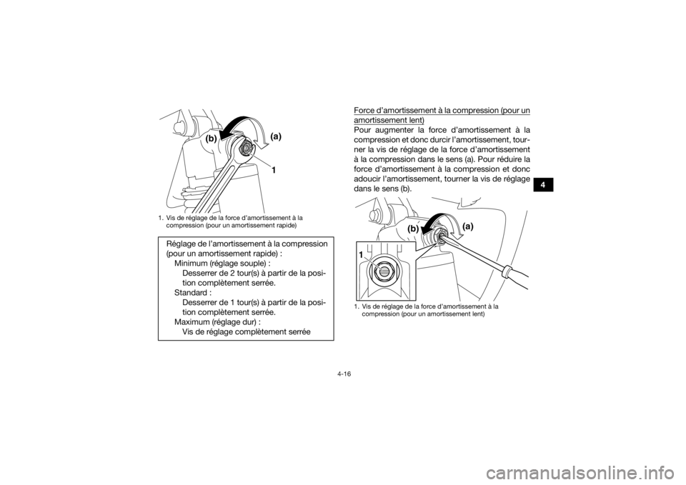 YAMAHA YFZ450R 2017 Notices Demploi (in French) 4-16
4
Force d’amortissement à la compression (pour un
amortissement lent)Pour augmenter la force d’amortissement à la
compression et donc durcir l’amortissement, tour-
ner la vis de réglage YAMAHA YFZ450R 2017 Notices Demploi (in French) 4-16
4
Force d’amortissement à la compression (pour un
amortissement lent)Pour augmenter la force d’amortissement à la
compression et donc durcir l’amortissement, tour-
ner la vis de réglage