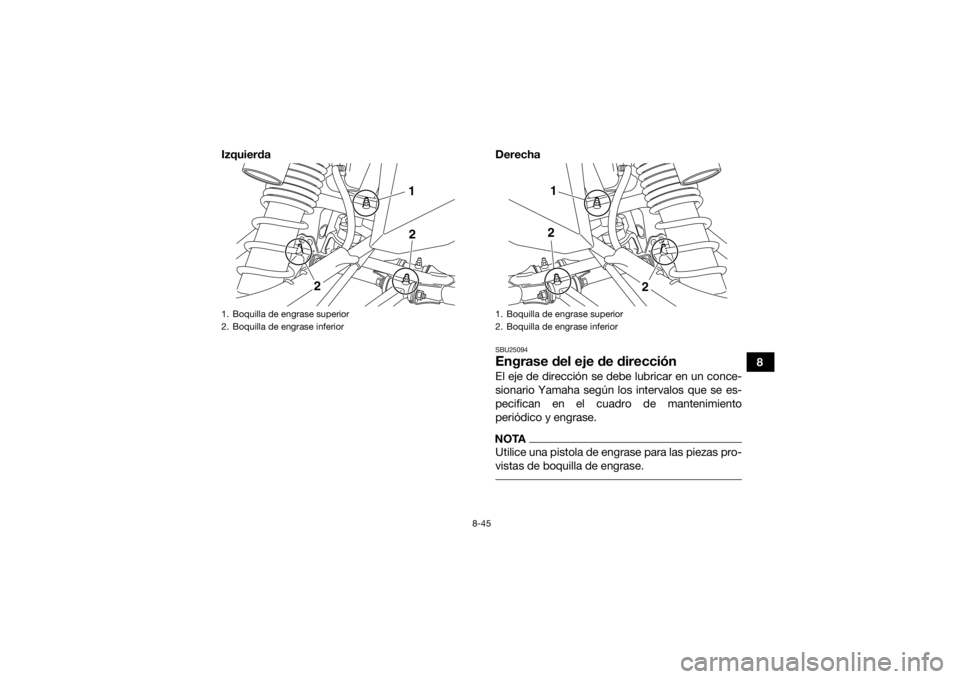 YAMAHA YFZ450R 2016 Manuale de Empleo (in Spanish) 8-45
8
Izquierda Derecha
SBU25094Engrase del eje de direcciónEl eje de dirección se debe lubricar en un conce-
sionario Yamaha según los intervalos que se es-
pecifican en el cuadro de mantenimient YAMAHA YFZ450R 2016 Manuale de Empleo (in Spanish) 8-45
8
Izquierda Derecha
SBU25094Engrase del eje de direcciónEl eje de dirección se debe lubricar en un conce-
sionario Yamaha según los intervalos que se es-
pecifican en el cuadro de mantenimient