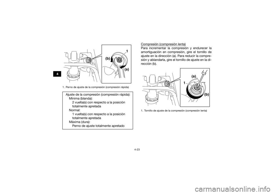 YAMAHA YFZ450R 2016 Manuale de Empleo (in Spanish) 4-23
4Compresión (compresión lenta)
Para incrementar la compresión y endurecer la
amortiguación en compresión, gire el tornillo de
ajuste en la dirección (a). Para reducir la compre-
sión y abl YAMAHA YFZ450R 2016 Manuale de Empleo (in Spanish) 4-23
4Compresión (compresión lenta)
Para incrementar la compresión y endurecer la
amortiguación en compresión, gire el tornillo de
ajuste en la dirección (a). Para reducir la compre-
sión y abl