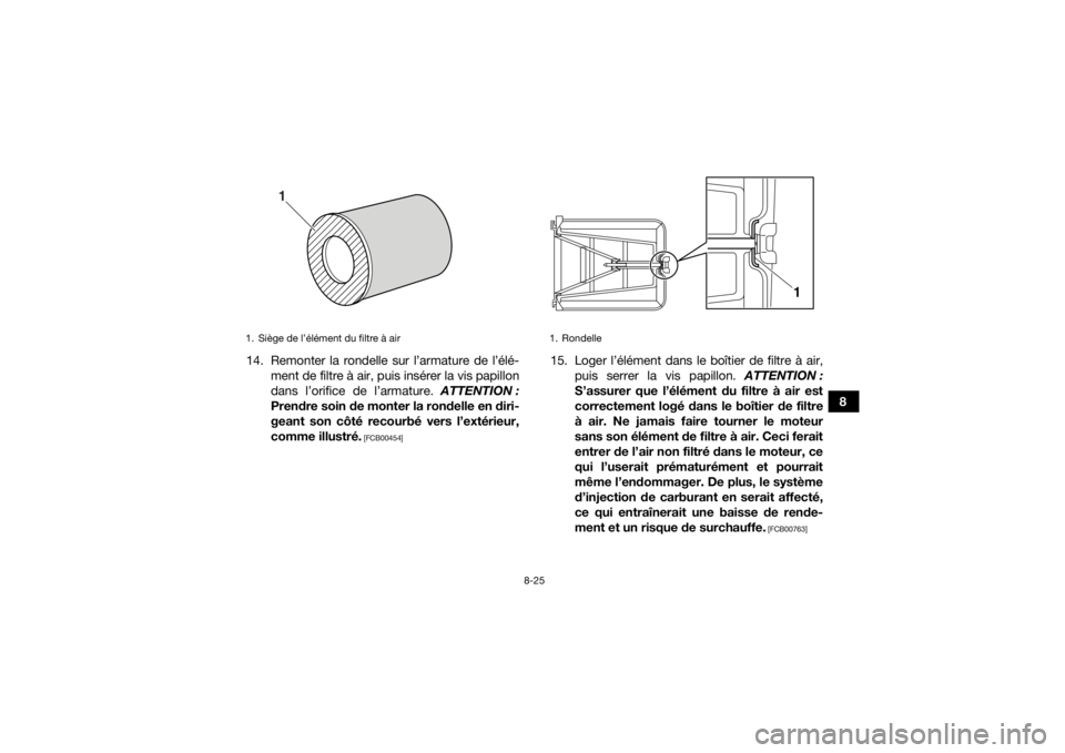 YAMAHA YFZ450R 2016 Notices Demploi (in French) 8-25
8
14. Remonter la rondelle sur l’armature de l’élé-
ment de filtre à air, puis insérer la vis papillon
dans l’orifice de l’armature. ATTENTION :
Prendre soin de monter la rondelle en YAMAHA YFZ450R 2016 Notices Demploi (in French) 8-25
8
14. Remonter la rondelle sur l’armature de l’élé-
ment de filtre à air, puis insérer la vis papillon
dans l’orifice de l’armature. ATTENTION :
Prendre soin de monter la rondelle en