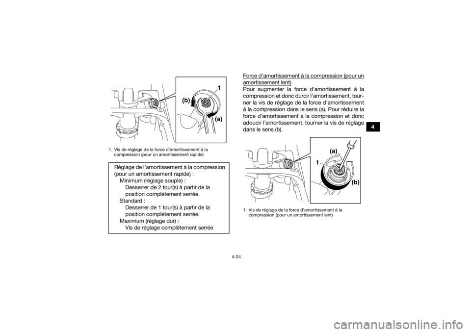 YAMAHA YFZ450R 2016 Notices Demploi (in French) 4-24
4
Force d’amortissement à la compression (pour un
amortissement lent)Pour augmenter la force d’amortissement à la
compression et donc durcir l’amortissement, tour-
ner la vis de réglage YAMAHA YFZ450R 2016 Notices Demploi (in French) 4-24
4
Force d’amortissement à la compression (pour un
amortissement lent)Pour augmenter la force d’amortissement à la
compression et donc durcir l’amortissement, tour-
ner la vis de réglage