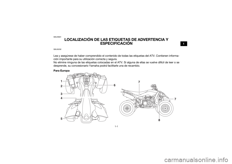 YAMAHA YFZ450R 2014  Manuale de Empleo (in Spanish) 1-1
1
SBU29681
LOCALIZACIÓN DE LAS ETIQUETAS DE ADVERTENCIA Y ESPECIFICACIÓN
SBU30292Lea y asegúrese de haber comprendido el contenido de todas las etiquetas del ATV. Contienen informa-
ción impor