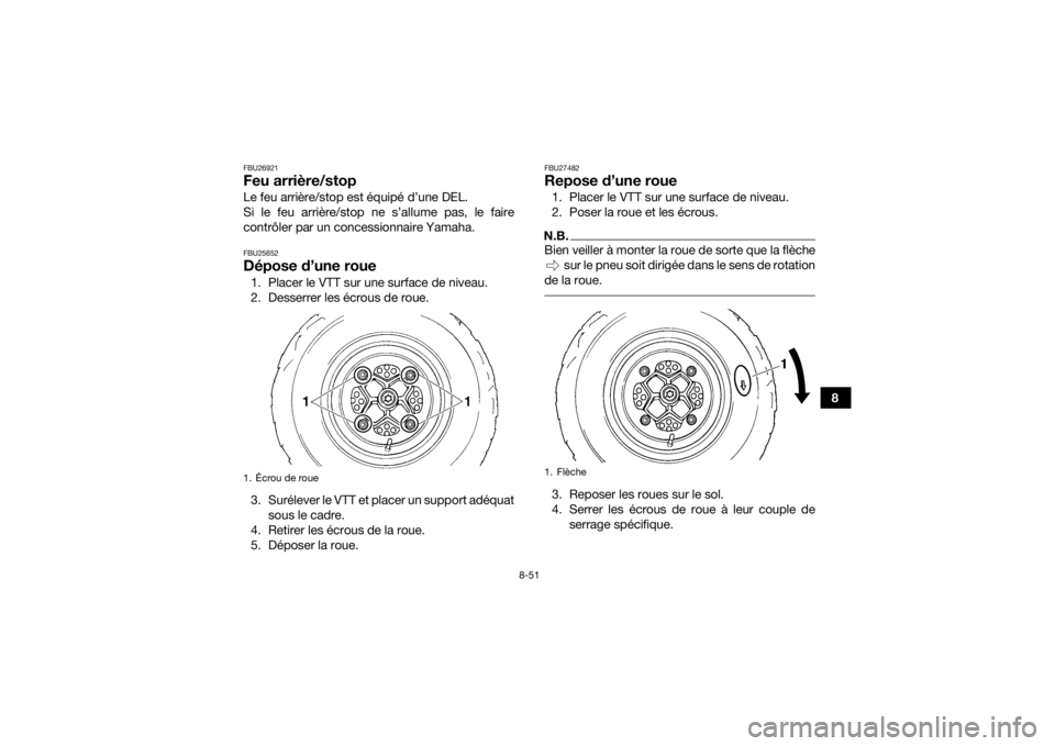 YAMAHA YFZ450R 2014 Notices Demploi (in French) 8-51
8
FBU26921Feu arrière/stopLe feu arrière/stop est équipé d’une DEL.
Si le feu arrière/stop ne s’allume pas, le faire
contrôler par un concessionnaire Yamaha.FBU25652Dépose d’une roue YAMAHA YFZ450R 2014 Notices Demploi (in French) 8-51
8
FBU26921Feu arrière/stopLe feu arrière/stop est équipé d’une DEL.
Si le feu arrière/stop ne s’allume pas, le faire
contrôler par un concessionnaire Yamaha.FBU25652Dépose d’une roue