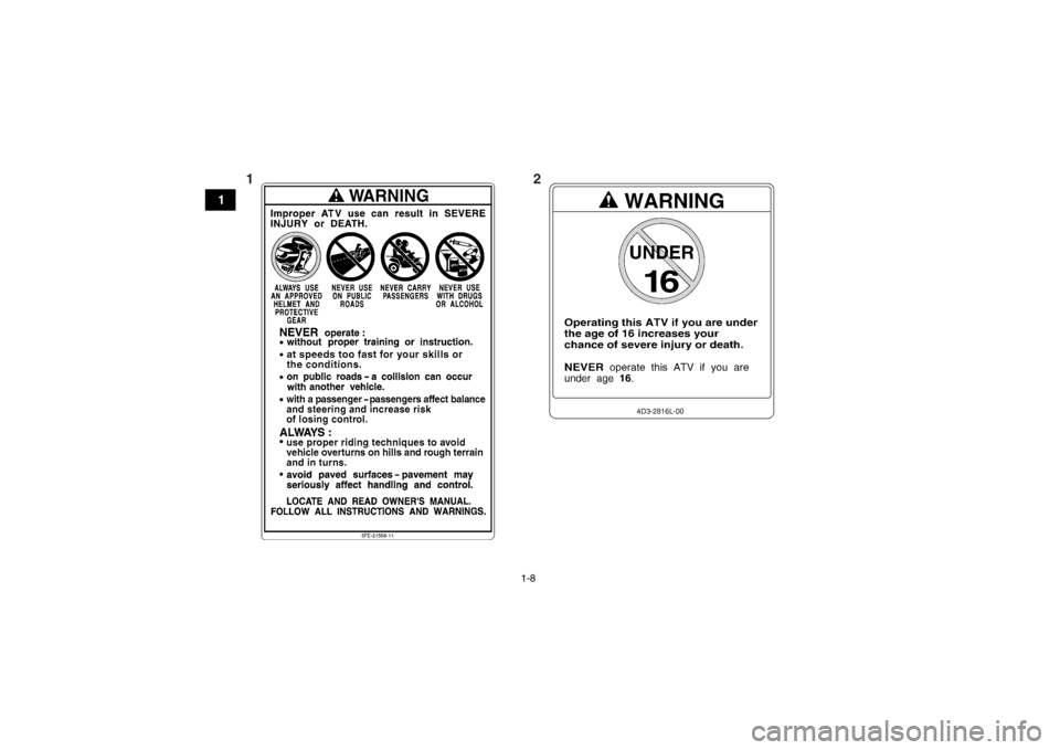 YAMAHA YFZ450R 2013 User Guide 1-8
1
12U18P67E0.book  Page 8  Wednesday, May 9, 2012  3:30 PM 