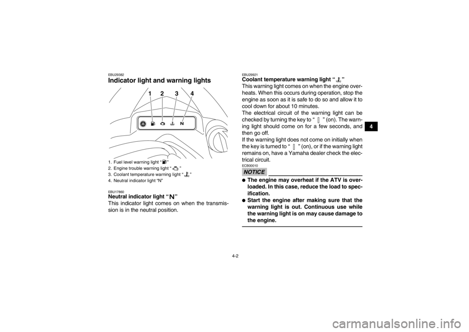 YAMAHA YFZ450R 2013 Owners Manual 4-2
4
EBU29382Indicator light and warning lights EBU17860Neutral indicator light “ ”
This indicator light comes on when the transmis-
sion is in the neutral position.
EBU29921Coolant temperature YAMAHA YFZ450R 2013 Owners Manual 4-2
4
EBU29382Indicator light and warning lights EBU17860Neutral indicator light “ ”
This indicator light comes on when the transmis-
sion is in the neutral position.
EBU29921Coolant temperature