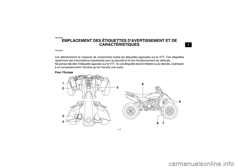 YAMAHA YFZ450R 2013  Notices Demploi (in French) 1-1
1
FBU29680
EMPLACEMENT DES ÉTIQUETTES D’AVERTISSEMENT ET DE CARACTÉRISTIQUES 
FBU29992Lire attentivement et s’assurer de comprendre toutes les étiquettes apposées sur le VTT. Ces étiquett