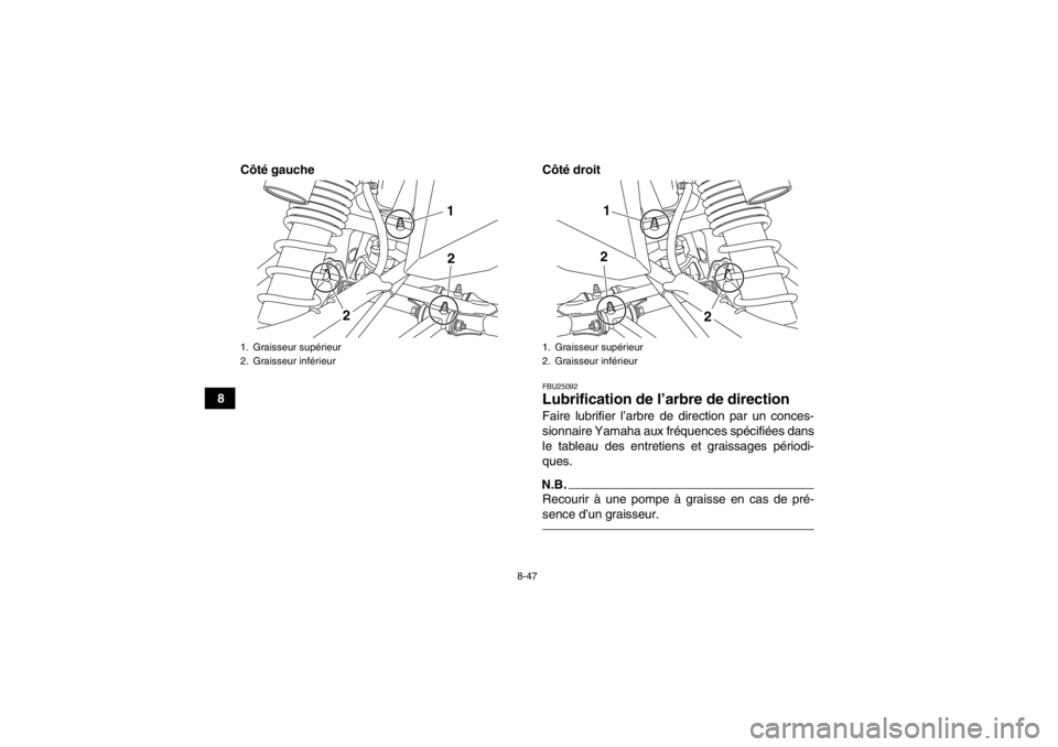 YAMAHA YFZ450R 2013 Notices Demploi (in French) 8-47
8Côté gauche Côté droit
FBU25092Lubrification de l’ar
bre de direction Faire lubrifier l’arbre de direction par un conces-
sionnaire Yamaha aux fréquences spécifiées dans
le tableau de YAMAHA YFZ450R 2013 Notices Demploi (in French) 8-47
8Côté gauche Côté droit
FBU25092Lubrification de l’ar
bre de direction Faire lubrifier l’arbre de direction par un conces-
sionnaire Yamaha aux fréquences spécifiées dans
le tableau de