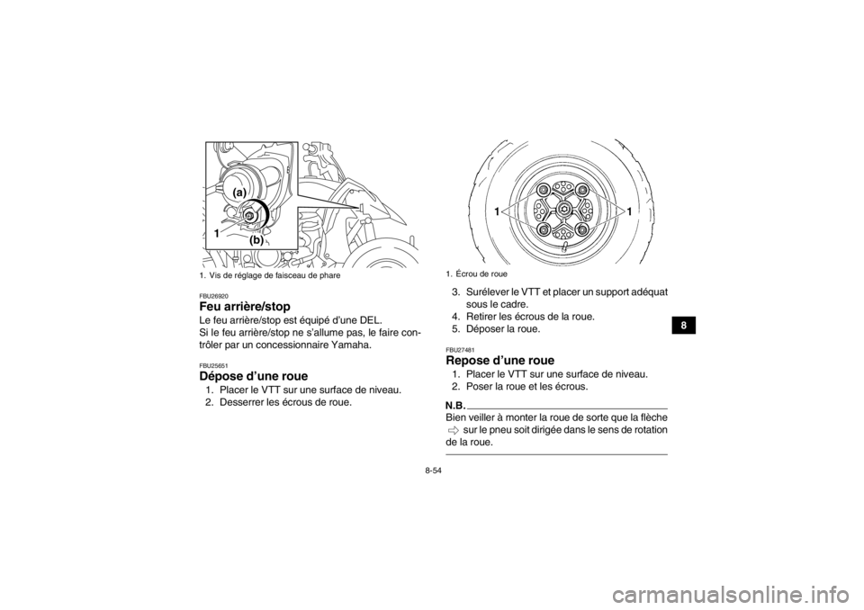 YAMAHA YFZ450R 2013 Notices Demploi (in French) 8-54
8
FBU26920Feu arrière/stop Le feu arrière/stop est équipé d’une DEL.
Si le feu arrière/stop ne s’allume pas, le faire con-
trôler par un concessionnaire Yamaha.FBU25651Dépose d’une r YAMAHA YFZ450R 2013 Notices Demploi (in French) 8-54
8
FBU26920Feu arrière/stop Le feu arrière/stop est équipé d’une DEL.
Si le feu arrière/stop ne s’allume pas, le faire con-
trôler par un concessionnaire Yamaha.FBU25651Dépose d’une r