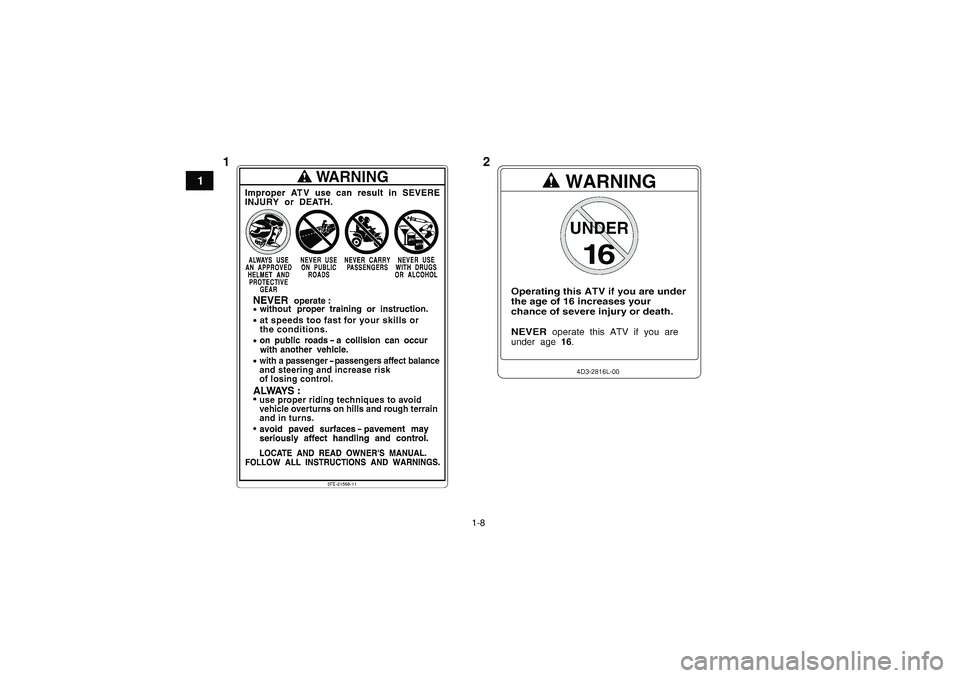 YAMAHA YFZ450R 2012 User Guide 1-8
1
12U18P66E0.book Page 8 Monday, May 16, 2011 4:23 PM YAMAHA YFZ450R 2012 User Guide 1-8
1
12U18P66E0.book Page 8 Monday, May 16, 2011 4:23 PM