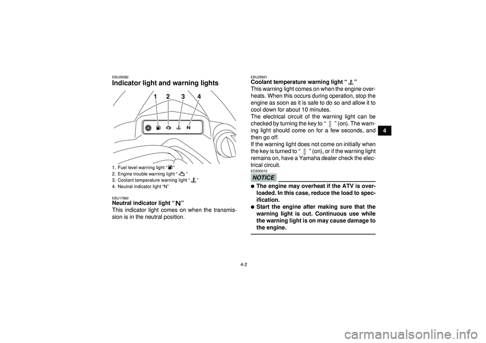 YAMAHA YFZ450R 2012 Owners Manual 4-2
4
EBU29382Indicator light and warning lights EBU17860Neutral indicator light“”
This indicator light comes on when the transmis-
sion is in the neutral position.
EBU29921Coolant temperature wa YAMAHA YFZ450R 2012 Owners Manual 4-2
4
EBU29382Indicator light and warning lights EBU17860Neutral indicator light“”
This indicator light comes on when the transmis-
sion is in the neutral position.
EBU29921Coolant temperature wa
