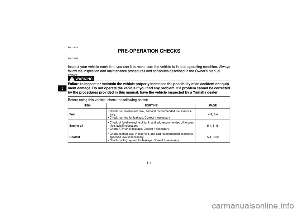 YAMAHA YFZ450R 2012  Owners Manual 5-1
5
EBU19201
PRE-OPERATION CHECKS
EBU19224Inspect your vehicle each time you use it to make sure the vehicle is in safe operating condition. Always
follow the inspection and maintenance procedures a