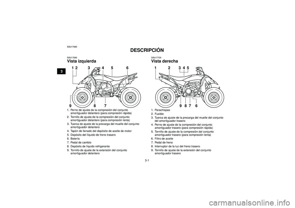 YAMAHA YFZ450R 2012  Manuale de Empleo (in Spanish) 3-1
3
SBU17680
DESCRIPCIÓN 
SBU17690Vista izquierda
SBU17700Vista derecha
1. Perno de ajuste de la compresi ón del conjunto 
amortiguador delantero (para compresi ón r ápida)
2. Tornillo de ajuste