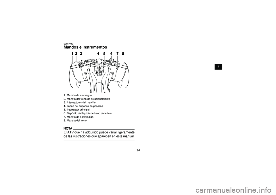 YAMAHA YFZ450R 2012  Manuale de Empleo (in Spanish) 3-2
3
SBU17712Mandos e instrumentosNOTAEl ATV que ha adquirido puede variar ligeramente
de las ilustraciones que aparecen en este manual.1. Maneta de embrague
2. Maneta del freno de estacionamiento
3.