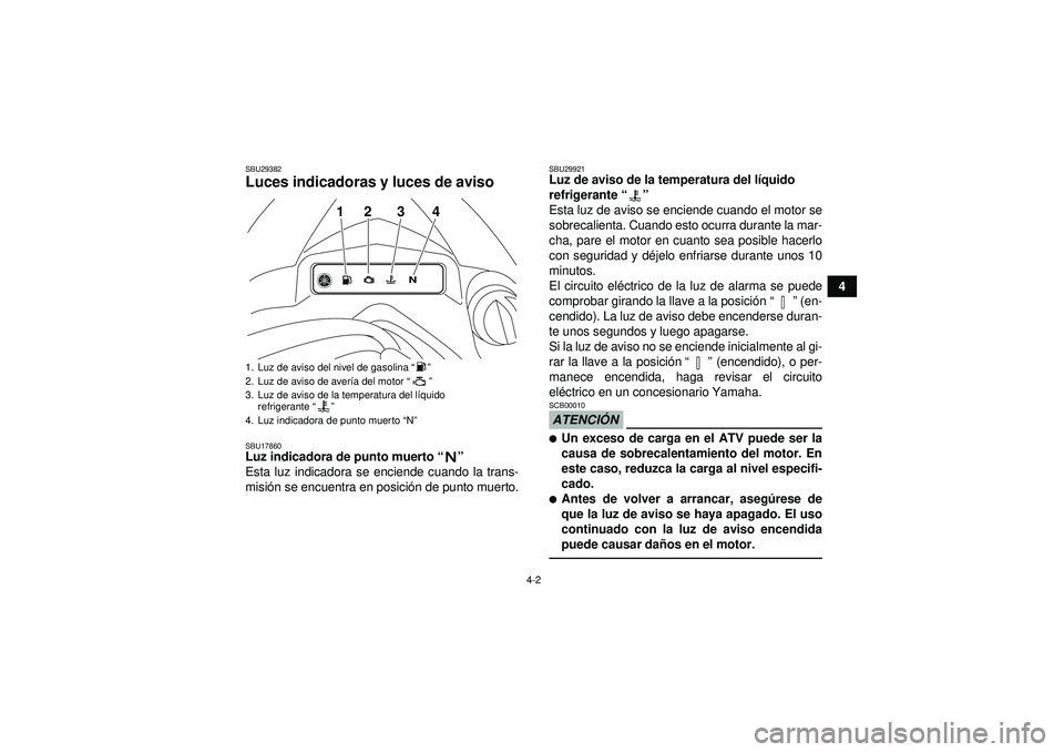 YAMAHA YFZ450R 2012  Manuale de Empleo (in Spanish) 4-2
4
SBU29382Luces indicadoras y luces de aviso SBU17860Luz indicadora de punto muerto“” 
Esta luz indicadora se enciende cuando la trans-
misi ón se encuentra en posici ón de punto muerto.
SBU