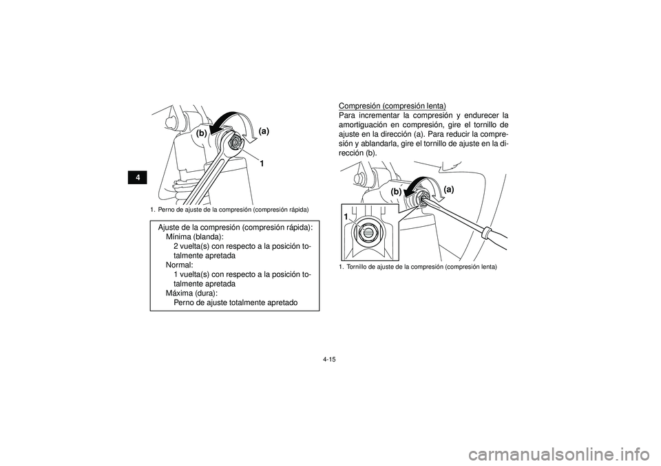 YAMAHA YFZ450R 2012  Manuale de Empleo (in Spanish) 4-15
4Compresi
ón (compresi ón lenta)
Para incrementar la compresi ón y endurecer la
amortiguaci ón en compresi ón, gire el tornillo de
ajuste en la direcci ón (a). Para reducir la compre-
si ó