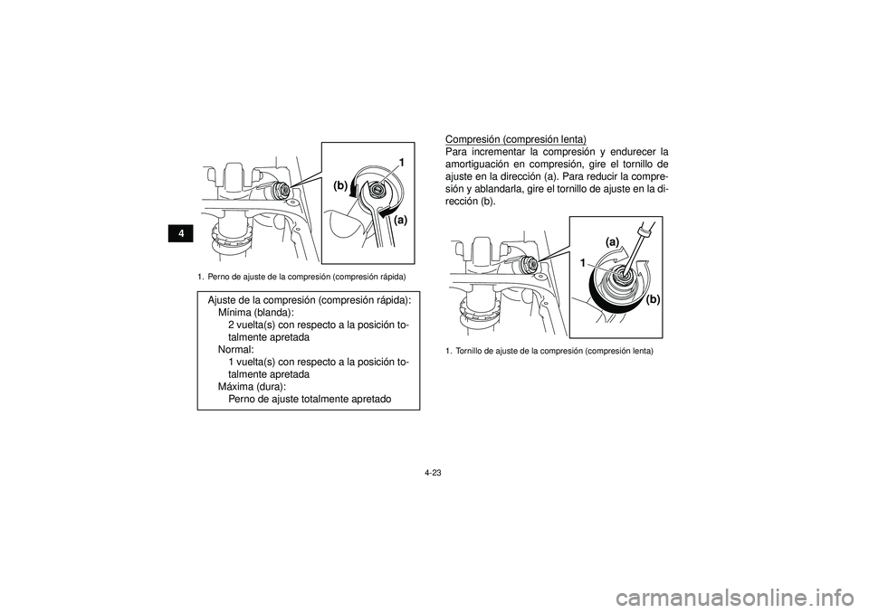 YAMAHA YFZ450R 2012  Manuale de Empleo (in Spanish) 4-23
4Compresi
ón (compresi ón lenta)
Para incrementar la compresi ón y endurecer la
amortiguaci ón en compresi ón, gire el tornillo de
ajuste en la direcci ón (a). Para reducir la compre-
si ó
