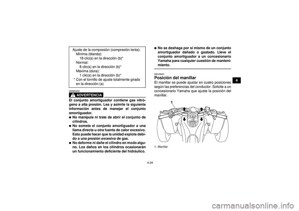 YAMAHA YFZ450R 2012  Manuale de Empleo (in Spanish) 4-24
4
ADVERTENCIA
SWB00430El conjunto amortiguador contiene gas nitró-
geno a alta presi ón. Lea y asimile la siguiente
informaci ón antes de manejar el conjunto
amortiguador.No manipule ni trate