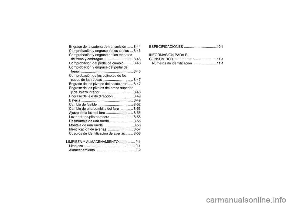 YAMAHA YFZ450R 2012 Manuale de Empleo (in Spanish) Engrase de la cadena de transmisión ...... 8-44
Comprobaci ón y engrase de los cables ... 8-45
Comprobaci ón y engrase de las manetas
de freno y embrague .............................. 8-46
Comp YAMAHA YFZ450R 2012 Manuale de Empleo (in Spanish) Engrase de la cadena de transmisión ...... 8-44
Comprobaci ón y engrase de los cables ... 8-45
Comprobaci ón y engrase de las manetas
de freno y embrague .............................. 8-46
Comp