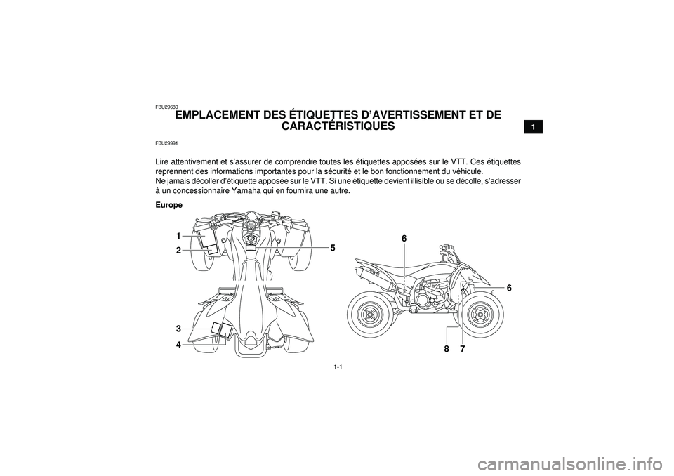 YAMAHA YFZ450R 2012 Notices Demploi (in French) 1-1
1
FBU29680
EMPLACEMENT DES ÉTIQUETTES D ’AVERTISSEMENT ET DE
CARACT ÉRISTIQUES
FBU29991Lire attentivement et s ’assurer de comprendre toutes les étiquettes appos ées sur le VTT. Ces é YAMAHA YFZ450R 2012 Notices Demploi (in French) 1-1
1
FBU29680
EMPLACEMENT DES ÉTIQUETTES D ’AVERTISSEMENT ET DE
CARACT ÉRISTIQUES
FBU29991Lire attentivement et s ’assurer de comprendre toutes les étiquettes appos ées sur le VTT. Ces é