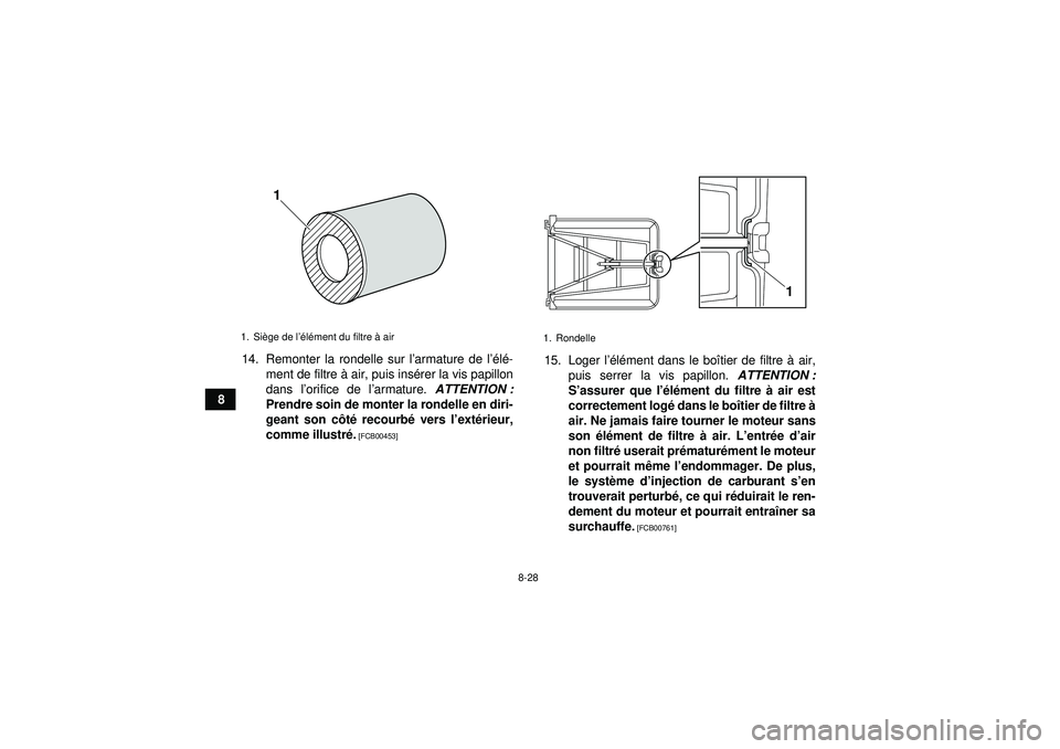 YAMAHA YFZ450R 2012  Notices Demploi (in French) 8-28
814. Remonter la rondelle sur l
’armature de l ’élé -
ment de filtre  à air, puis ins érer la vis papillon
dans l ’orifice de l ’armature.  ATTENTION :
Prendre soin de monter la ronde