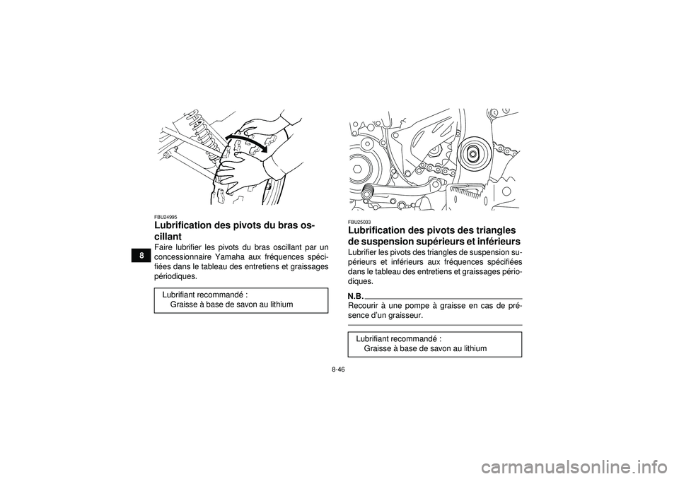 YAMAHA YFZ450R 2012  Notices Demploi (in French) 8-46
8
FBU24995Lubrification des pivots du bras os-
cillant Faire lubrifier les pivots du bras oscillant par un
concessionnaire Yamaha aux fréquences sp éci-
fi é es dans le tableau des entretiens 