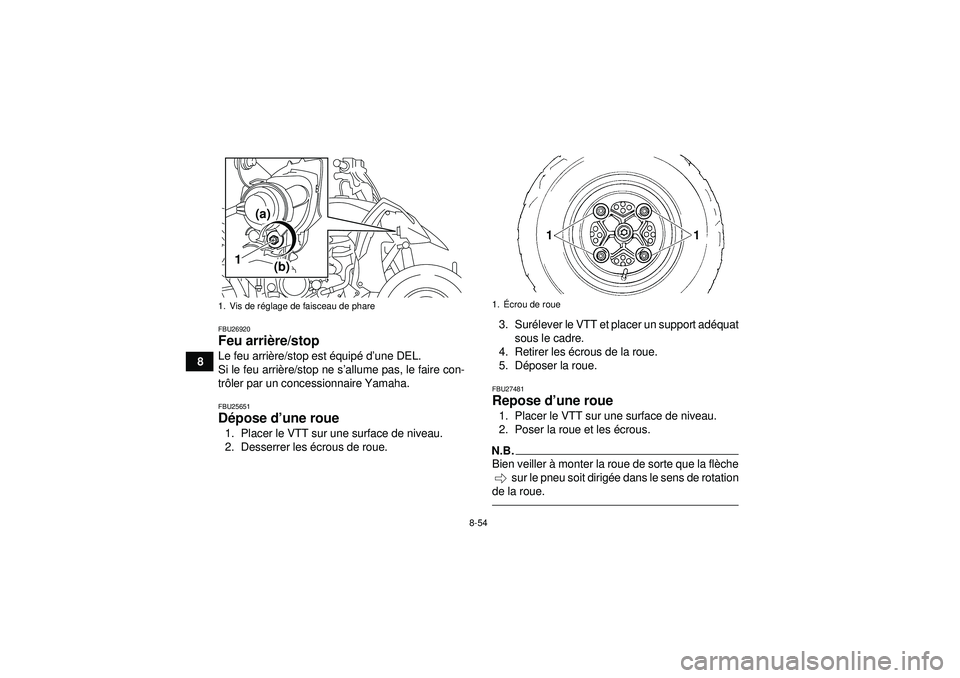 YAMAHA YFZ450R 2012 Notices Demploi (in French) 8-54
8
FBU26920Feu arrière/stop Le feu arri ère/stop est é quipé d ’une DEL.
Si le feu arri ère/stop ne s ’allume pas, le faire con-
tr ôler par un concessionnaire Yamaha.FBU25651D épose d YAMAHA YFZ450R 2012 Notices Demploi (in French) 8-54
8
FBU26920Feu arrière/stop Le feu arri ère/stop est é quipé d ’une DEL.
Si le feu arri ère/stop ne s ’allume pas, le faire con-
tr ôler par un concessionnaire Yamaha.FBU25651D épose d