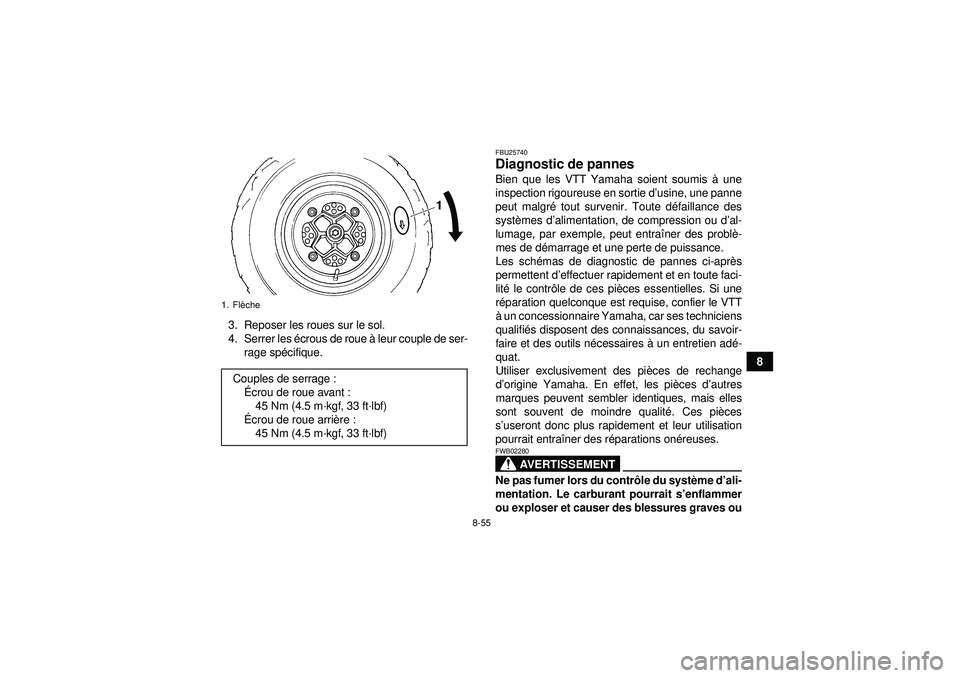 YAMAHA YFZ450R 2012 Notices Demploi (in French) 8-55
8
3. Reposer les roues sur le sol.
4. Serrer les
écrous de roue à leur couple de ser-
rage sp écifique.
FBU25740Diagnostic de pannes Bien que les VTT Yamaha soient soumis à une
inspection YAMAHA YFZ450R 2012 Notices Demploi (in French) 8-55
8
3. Reposer les roues sur le sol.
4. Serrer les
écrous de roue à leur couple de ser-
rage sp écifique.
FBU25740Diagnostic de pannes Bien que les VTT Yamaha soient soumis à une
inspection