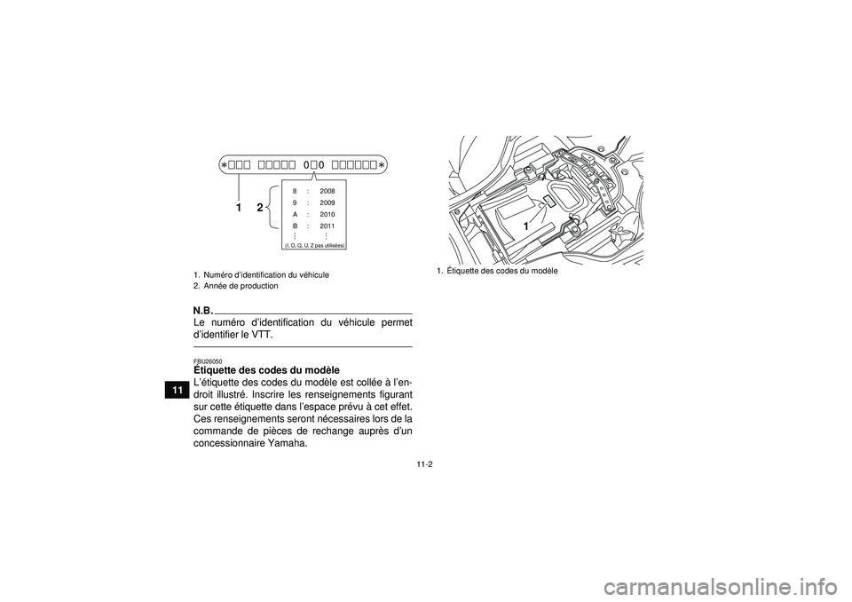 YAMAHA YFZ450R 2012  Notices Demploi (in French) 11-2
11
N.B.Le numéro d’identification du v éhicule permet
d ’identifier le VTT.FBU26050É tiquette des codes du mod èle 
L ’é tiquette des codes du mod èle est coll ée  à l’en-
droit i