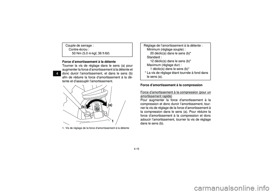 YAMAHA YFZ450R 2012  Notices Demploi (in French) 4-15
4Force d
’amortissement  à la d étente
Tourner la vis de r églage dans le sens (a) pour
augmenter la force d’ amortissement à la d étente et
donc durcir l ’amortissement, et dans le se