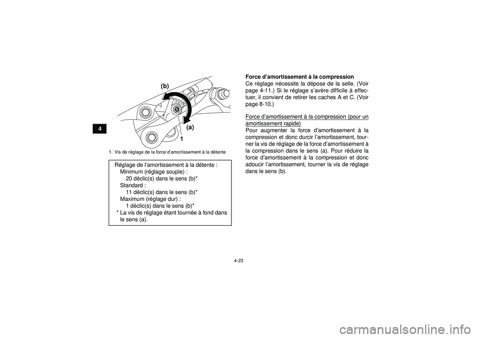 YAMAHA YFZ450R 2012  Notices Demploi (in French) 4-23
4Force d
’amortissement  à la compression
Ce r églage n écessite la d épose de la selle. (Voir
page 4-11.) Si le r églage s ’av ère difficile  à effec-
tuer, il convient de retirer les