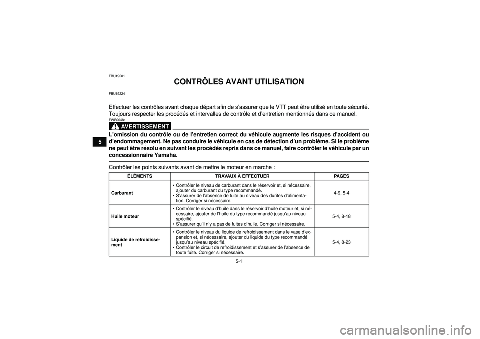 YAMAHA YFZ450R 2012 Notices Demploi (in French) 5-1
5
FBU19201
CONTRÔLES AVANT UTILISATION
FBU19224Effectuer les contr ôles avant chaque d épart afin de s ’assurer que le VTT peut être utilis é en toute s écurit é.
Toujours respecter les YAMAHA YFZ450R 2012 Notices Demploi (in French) 5-1
5
FBU19201
CONTRÔLES AVANT UTILISATION
FBU19224Effectuer les contr ôles avant chaque d épart afin de s ’assurer que le VTT peut être utilis é en toute s écurit é.
Toujours respecter les