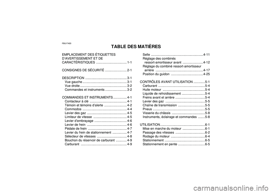 YAMAHA YFZ450R 2012  Notices Demploi (in French) FBU17420
TABLE DES MATIÈRES
EMPLACEMENT DES  ÉTIQUETTES 
D ’AVERTISSEMENT ET DE 
CARACT ÉRISTIQUES .................................. 1-1
CONSIGNES DE S ÉCURIT É ........................ 2-1
DE