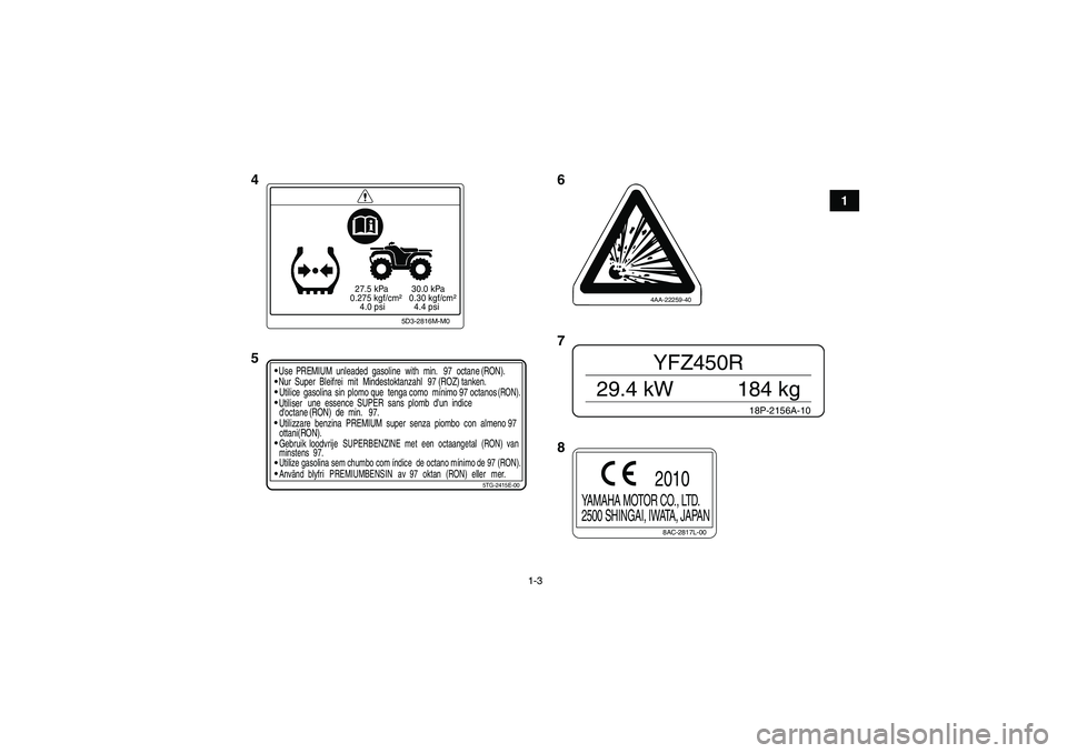 YAMAHA YFZ450R 2011 User Guide 1-3
1
  27.5 kPa
0.275 kgf/cm²
    4.0 psi  30.0 kPa
 0.30 kgf/cm²
   4.4 psi
5D3-2816M-M0
5TG-2415E-00
Use
PREMIUM unleaded  gasoline with min. 97 octane (RON).
Nur Super  Bleifrei mit Mindestoktan