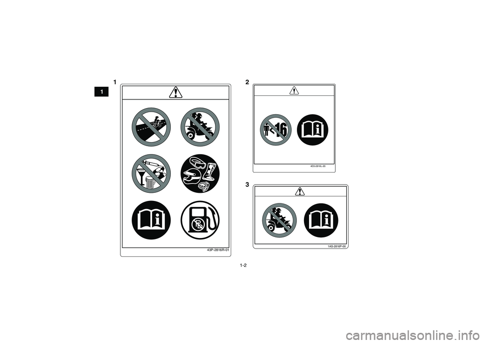YAMAHA YFZ450R 2011 Manuale de Empleo (in Spanish) 1-2
1
4D3-2816L-20
1AS-2816P-00
43P-2816R-01
12
3U18P64S0.book Page 2 Thursday, May 13, 2010 4:03 PM YAMAHA YFZ450R 2011 Manuale de Empleo (in Spanish) 1-2
1
4D3-2816L-20
1AS-2816P-00
43P-2816R-01
12
3U18P64S0.book Page 2 Thursday, May 13, 2010 4:03 PM