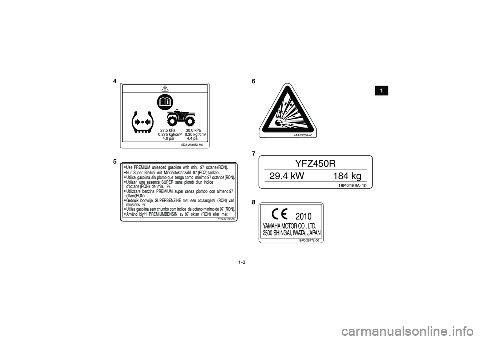 YAMAHA YFZ450R 2011  Manuale de Empleo (in Spanish) 1-3
1
  27.5 kPa
0.275 kgf/cm²
    4.0 psi  30.0 kPa
 0.30 kgf/cm²
   4.4 psi
5D3-2816M-M0
5TG-2415E-00
Use
PREMIUM unleaded  gasoline with min. 97 octane (RON).
Nur Super  Bleifrei mit Mindestoktan