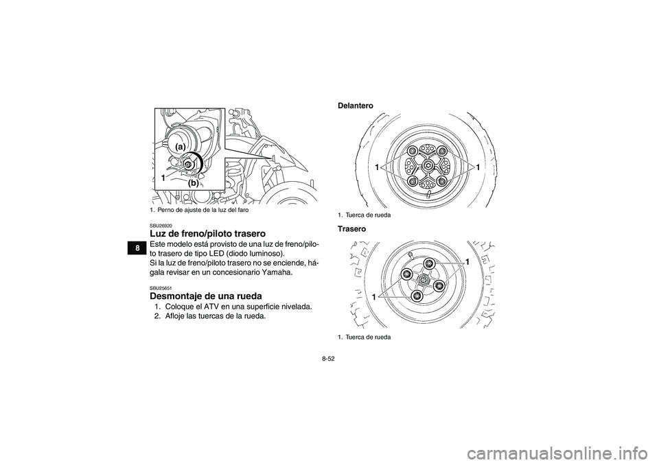 YAMAHA YFZ450R 2011 Manuale de Empleo (in Spanish) 8-52
8
SBU26920Luz de freno/piloto trasero Este modelo está provisto de una luz de freno/pilo-
to trasero de tipo LED (diodo luminoso).
Si la luz de freno/piloto trasero no se enciende, há-
gala rev YAMAHA YFZ450R 2011 Manuale de Empleo (in Spanish) 8-52
8
SBU26920Luz de freno/piloto trasero Este modelo está provisto de una luz de freno/pilo-
to trasero de tipo LED (diodo luminoso).
Si la luz de freno/piloto trasero no se enciende, há-
gala rev