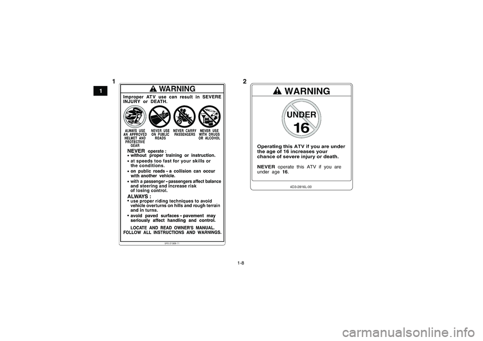 YAMAHA YFZ450R 2011 Manuale de Empleo (in Spanish) 1-8
1
12U18P64S0.book Page 8 Thursday, May 13, 2010 4:03 PM YAMAHA YFZ450R 2011 Manuale de Empleo (in Spanish) 1-8
1
12U18P64S0.book Page 8 Thursday, May 13, 2010 4:03 PM
