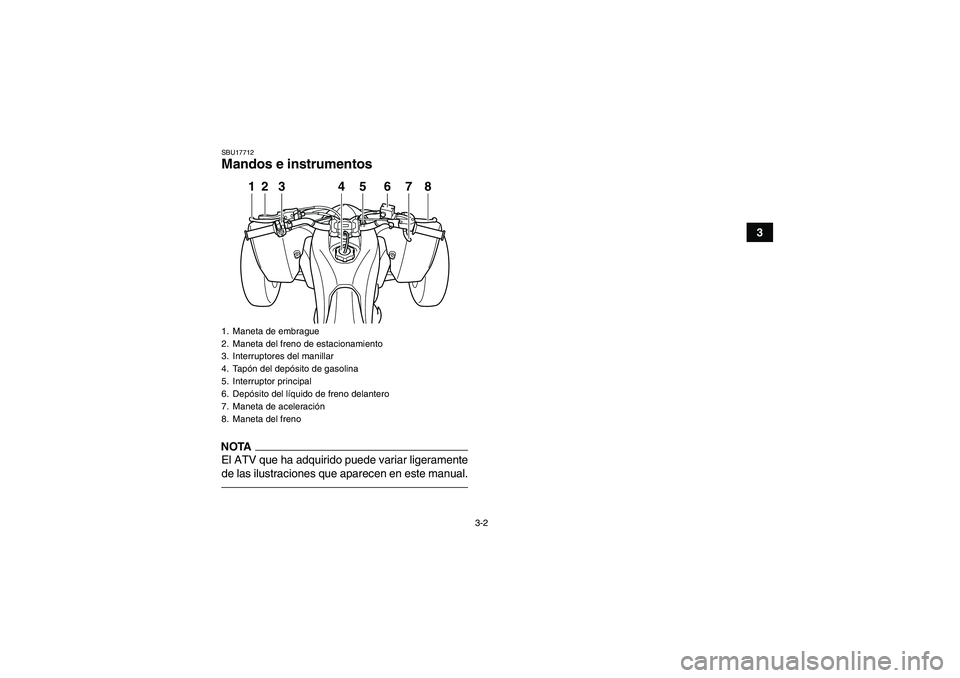 YAMAHA YFZ450R 2011  Manuale de Empleo (in Spanish) 3-2
3
SBU17712Mandos e instrumentosNOTAEl ATV que ha adquirido puede variar ligeramente
de las ilustraciones que aparecen en este manual.1. Maneta de embrague
2. Maneta del freno de estacionamiento
3.